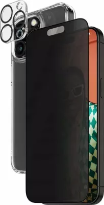 Set mbrojtës 3-në-1 PanzerGlass Privacy për iPhone 15 Pro Max, transparent, paketë 3 pjesë