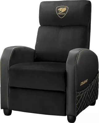 Sofa gaming COUGAR Ranger Elite Gold, kënd shpine 95-160°, kapacitet 135 kg, pëlhurë velvet, kornizë çeliku, zi/ari