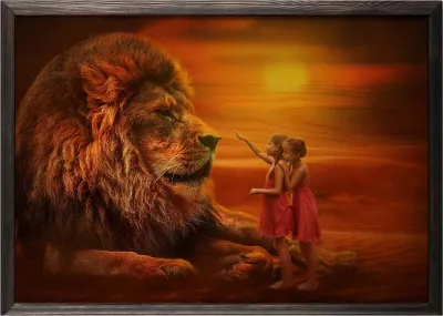 Pikturë dekorative me kornizë druri, Touch The Lion XL, shumëngjyrëshe, 50x70cm