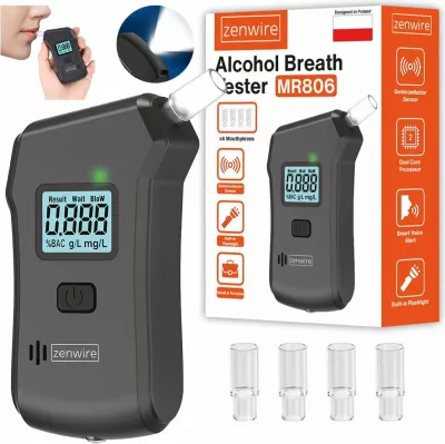 Alkotest digjital Zenwire MR806, 0.0–2.0‰, saktësi 0.01‰, me llambë dore, i zi, set 5 grykë