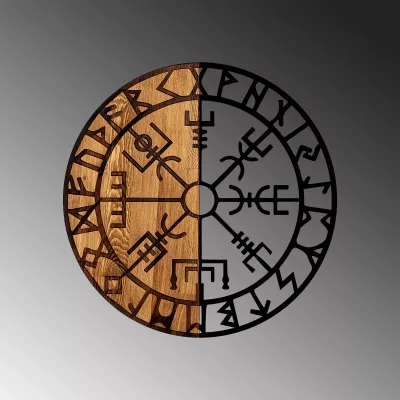 Aksesor dekorativ prej druri për mur, Wallity Vegvisir - 331, ngjyrë e zezë dhe arre, 56cm