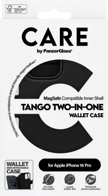 Mbështjellës PanzerGlass CARE Case Feature Tango 2-in-1 Wallet për iPhone 16 Pro, i zi