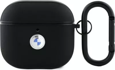 Mbështjellës BMW BMA4SSLBK për AirPods 4, lëkurë natyrale, logo argjendi, e zezë