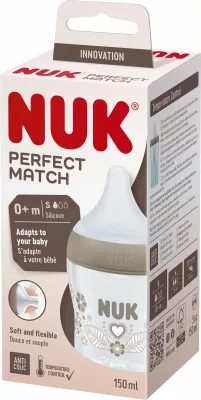 Biberon NUK Perfect Match 10743092 150 ml me biberon silikoni, indikator temperature, anti-kolik, transparent/bezhë, 1 copë