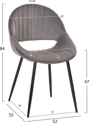 Karrige për ngrënie ODEN FH9001.01, kadife gri, këmbë metalike të zeza, 52x55x84H cm