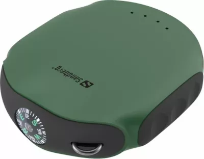 Powerbank Sandberg Survivor 420-60 10000 mAh (37 Wh) IPX6 me dritë LED dhe busullë, e gjelbër/zezë, me kabllo microUSB 30 cm + karabinë