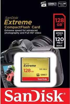 kartelë memorje CompactFlash SanDisk Extreme SDCFXSB-128G-G46 128GB UDMA 7 VPG-20 120MB/s leximi 85MB/s shkrimi, e zezë