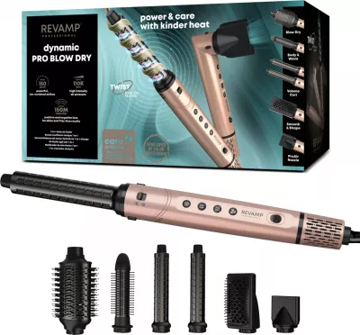 Tharëse flokësh me stilues Revamp Dynamic Radiance Pro DR-2850GD, 6 aksesorë, jonike, 110000 RPM, rozë e artë, set
