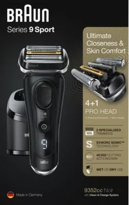 Makinë rroje Braun Series 9 9352cc Sport, 4 koka, Li-Ion, e zezë/gri