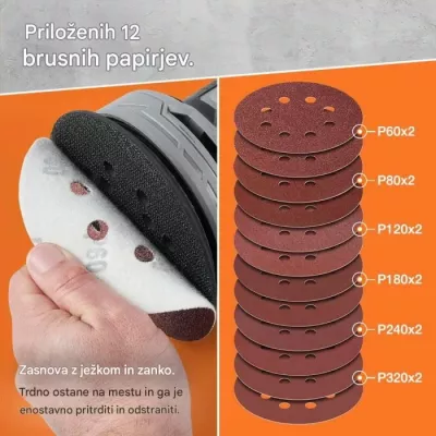 Lëmues ekscentrik VonHaus 3500323, 300 W, disk 125 mm, 6 shpejtësi 7,000–14,000 rpm, kabllo 3 m, me 12 letra zmerile + 2 thasë pluhuri, zi/portokalli/gri