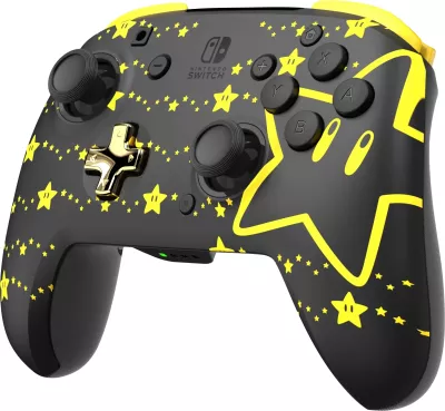 Kontroller pa tela PDP REMATCH GLOW Super Star për Nintendo Switch, bateri 40 orë, butona mbrapa të programueshëm, glow-in-the-dark, i zi/verdhe