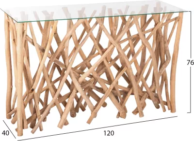 Konsolë në stil rustik, degë teak të ngurta, ngjyrë natyrale & xham, 120x35x75H cm, FH9373
