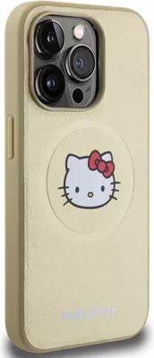 Mbështjellës Hello Kitty Leather Kitty Head MagSafe për iPhone 15 Pro Max, lëkurë artificiale, ari