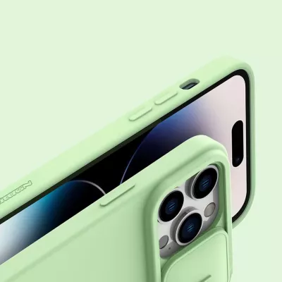 Mbështjellës Nillkin CamShield Silky Silicone për iPhone 14 Pro, me mbrojtëse kamere, Blu