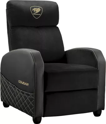 Sofa gaming COUGAR Ranger Elite Gold, kënd shpine 95-160°, kapacitet 135 kg, pëlhurë velvet, kornizë çeliku, zi/ari