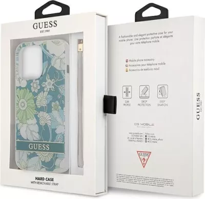 Mbështjellës Guess Flower Strap për iPhone 13 Pro Max 6.7", i gjelbër me lule dhe rrip dore
