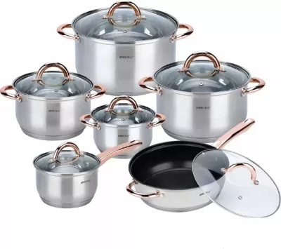 Set tenxheresh dhe tigan inox KingHoff KH 1768, 12 copë, për induksion, kapakë xhami, argjend me aksente rozë-ari