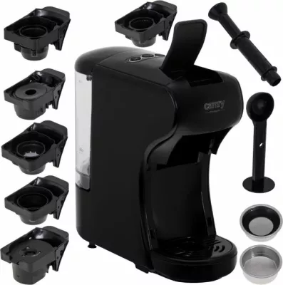 Makinë espresso CAMRY CR4414, multi-kapsulë, 19 bar, 0.6 L, 1450 W, e zezë, set me adapterë kapsulash + filtër kafeje të bluar