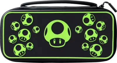 Kasë udhëtimi PDP Nintendo Switch Travel Case Plus 1-Up Glow in the Dark, me mbajtëse të integrume, e zezë/jeshile