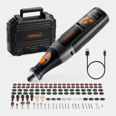 Vegël rrotulluese me bateri VONHAUS 3500392, 8V 2.5Ah, 5,000–25,000 RPM, me kasë dhe set aksesorësh, zi/portokalli
