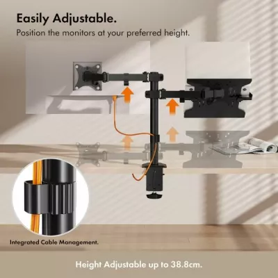Mbajtëse dyfishe monitori dhe laptopi VONHAUS 3000114, për 2 monitorë 13-32\", montim me kapëse ose bazë, çelik, e zezë