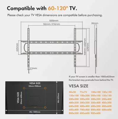 Mbajtëse fikse muri për TV VonHaus 3005092, 60-120\", deri 120 kg, VESA 200x200-900x600, e zezë