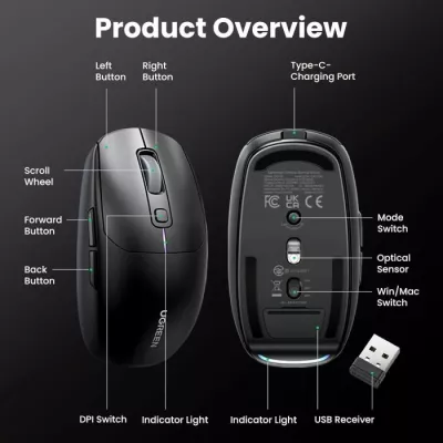 Maus UGREEN 90539, 5000 DPI, 2.4G + Bluetooth 5.0 + USB, bateri 700mAh, zi