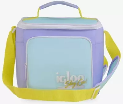 çantë termike IGLOO Soft Retro Square Lunch, kapacitet 9 kanaçe, 22.23×15.24×21.59 cm, pastel vjollcë/bojëqielli me rrip të verdhë