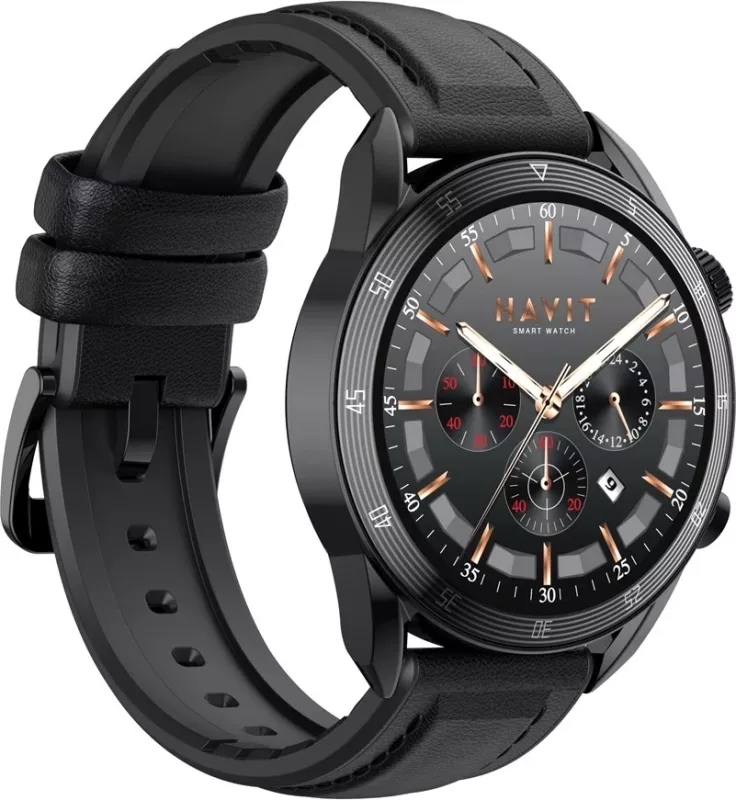 Smartwatch Havit M9030 Pro, 1.43", AMOLED, rrumbullakët, rrip lëkure, e zezë