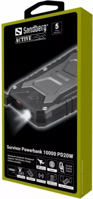 Powerbank Sandberg Survivor 420-91 10000mAh PD 20W me karikim pa kabllo 15W IP66, e zezë, set me kabllo USB-C dhe rrip