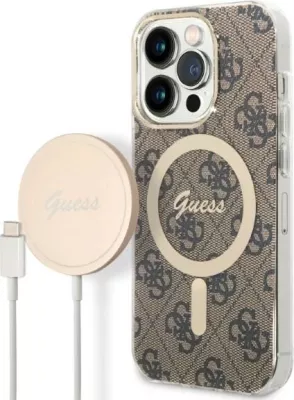 Set mbështjellës Guess GUBPP14XH4EACSW me karikues wireless për iPhone 14 Pro Max 6.7", kafe