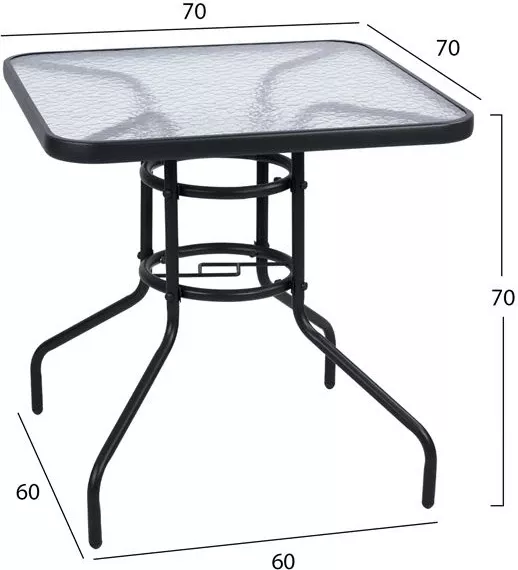 Tavolinë e jashtme katrore FIGO FH5036.01, ngjyrë gri, sipërfaqe tavoline metal-qelqi, 70x70x72H cm