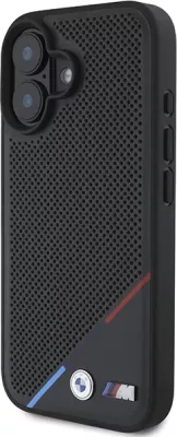 Mbështjellës BMW M Perforated Tricolor Line MagSafe për iPhone 16 Plus, Zi