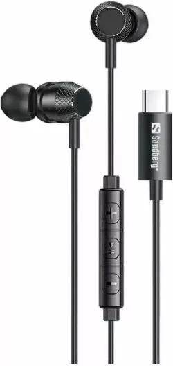 Kufje SANDBERG USB-C/A In-Earset 126-50, me mikrofon në kabllo, kabllo 1.2 m, set me adapter USB-C në USB-A + 3 palë tips, e zezë