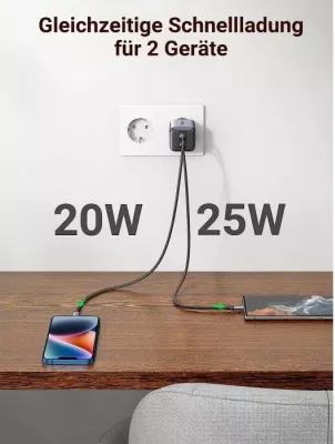Karikues USB-C UGREEN Nexode 45W GaN II PD 3.0, 2x USB-C, gri
