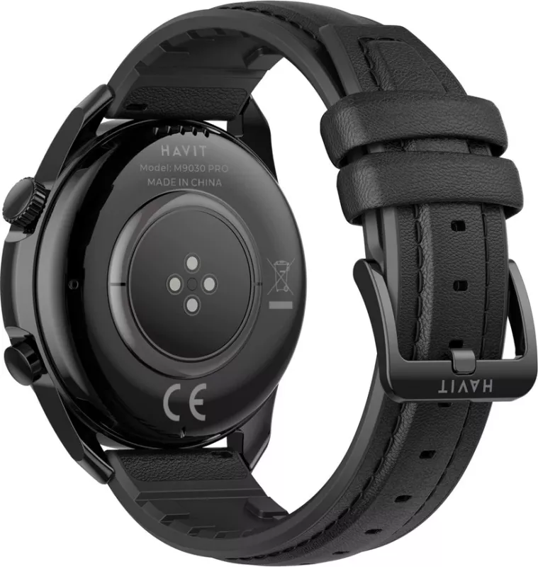 Smartwatch Havit M9030 Pro, 1.43", AMOLED, rrumbullakët, rrip lëkure, e zezë