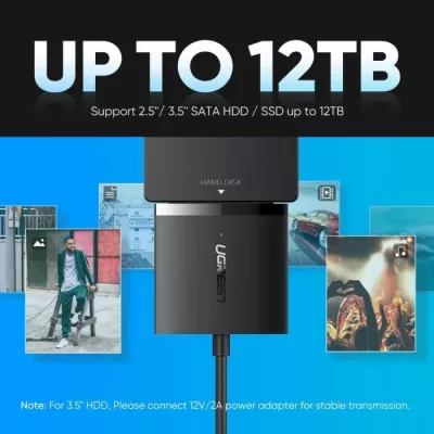 Adapter USB 3.0 në SATA UGREEN 60561, deri 12 TB, 5 Gbps, UASP, për HDD/SSD 2.5\"/3.5\", i zi, me kuti