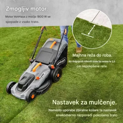kositëse bari elektrike VONHAUS 3500359 1800W, gjerësi prerjeje 43 cm, thes 52 L, kabllo 12 m, mulching, gri/zezë me portokalli