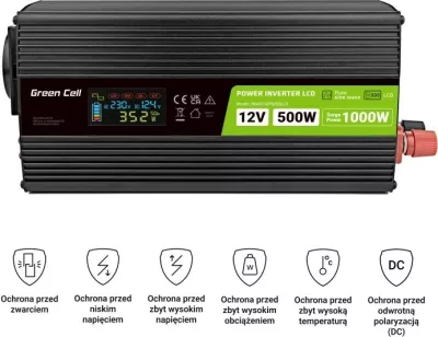 Invertor Green Cell PowerInverter LCD 12V 500W/10000W, valë e pastër, i zi