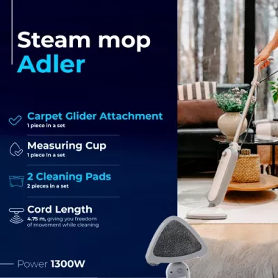 Mop me avull, Adler, AD 7057, 1300W, depozitë uji 380ml, kabëll 4.75m, i bardhë/gri