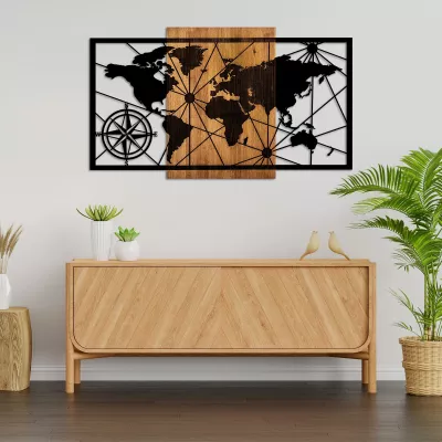 Aksesor dekorativ muri prej druri, hartë bote, Wallity, ngjyrë arre dhe e zezë, 70x120cm