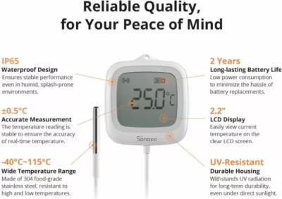 Sensor temperature ZigBee SONOFF SNZB-02LD, LCD 2.2\", IP65, sondë 1.5 m, i bardhë