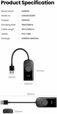 kartë zëri USB e jashtme UGREEN 40964, USB 2.0, 3x 3.5mm, kontroll volum + mute, e zezë