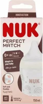Biberon NUK Perfect Match 10743092 150 ml me biberon silikoni, indikator temperature, anti-kolik, transparent/bezhë, 1 copë