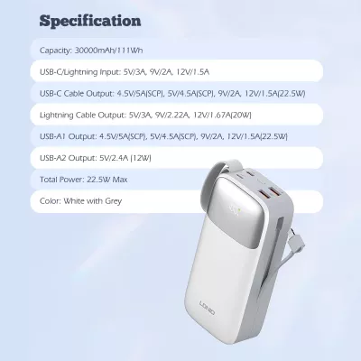 Power bank LDNIO PQ30 30000mAh 22.5W me kabllo të integrume USB-C/Lightning, 2 porta USB, e bardhë