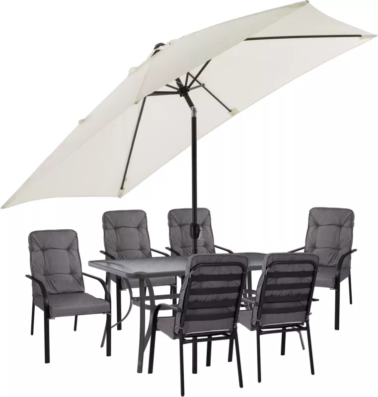 Set për darkë 8 pjesë, tavolinë, karrige me mbështetëse gri dhe ombrellë gri FH11477
