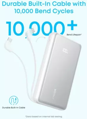Powerbank Anker Zolo A110E 20000 mAh 22.5W me kabllo USB-C të integruar, e bardhë