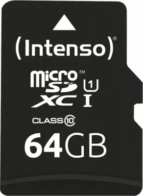 Kartelë memorje microSDXC Intenso UHS-I Premium 64GB Class 10 deri 45MB/s, e zezë, me adapter SD