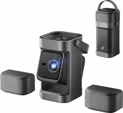 Projektor portativ smart ANKER Nebula P1, Full HD 1080p 650 ANSI, Google TV, deri 180\", me 2 altoparlantë wireless 20W, gri e errët, set me altoparlantë të shkëputshëm