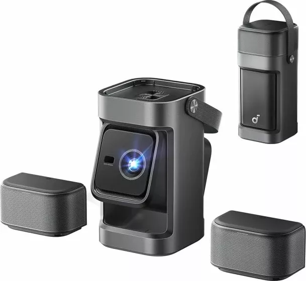 Projektor portativ smart ANKER Nebula P1, Full HD 1080p 650 ANSI, Google TV, deri 180\", me 2 altoparlantë wireless 20W, gri e errët, set me altoparlantë të shkëputshëm
